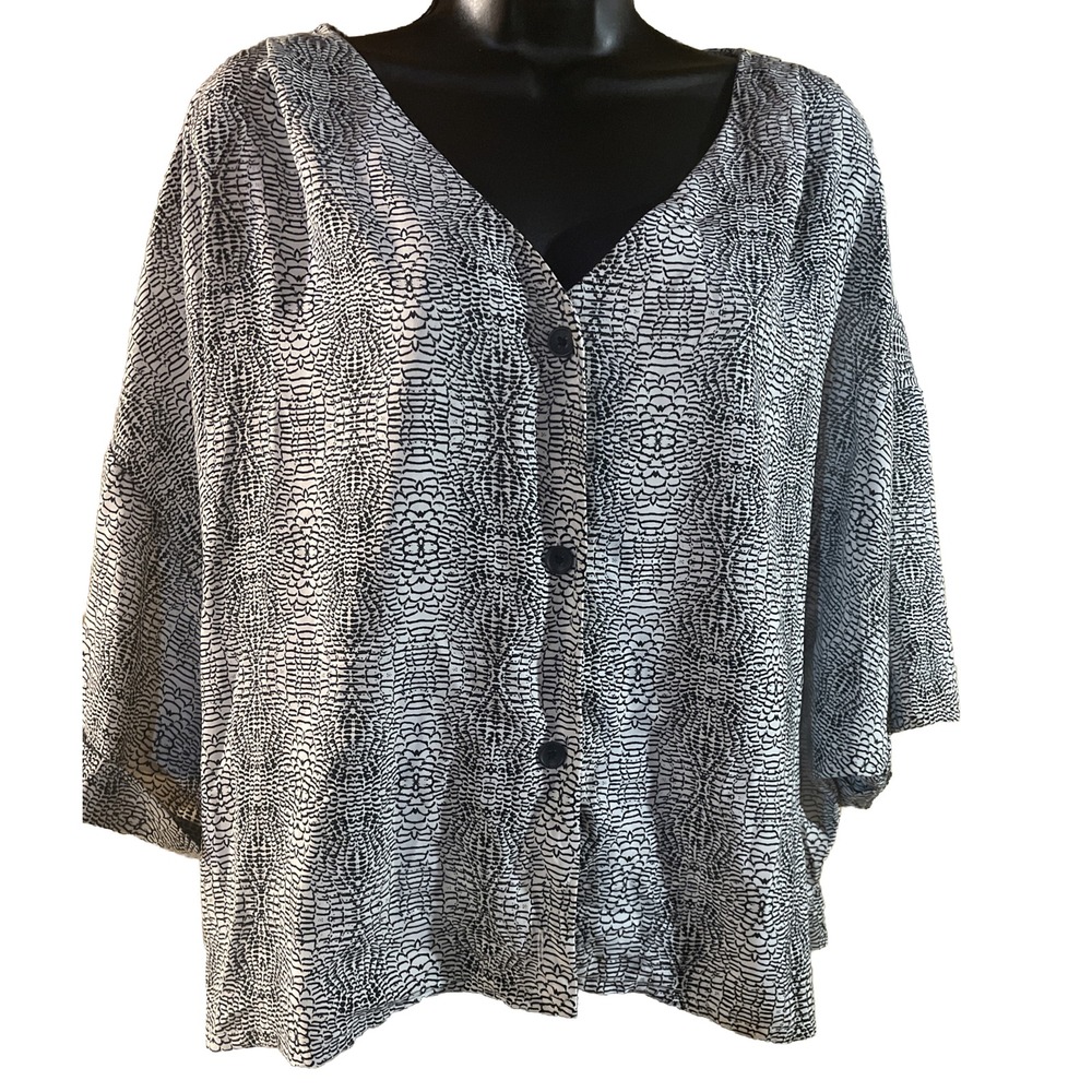 Worthington Women's V Neck Black White Button Up Career Blouse‎ Dolman Sleeve L